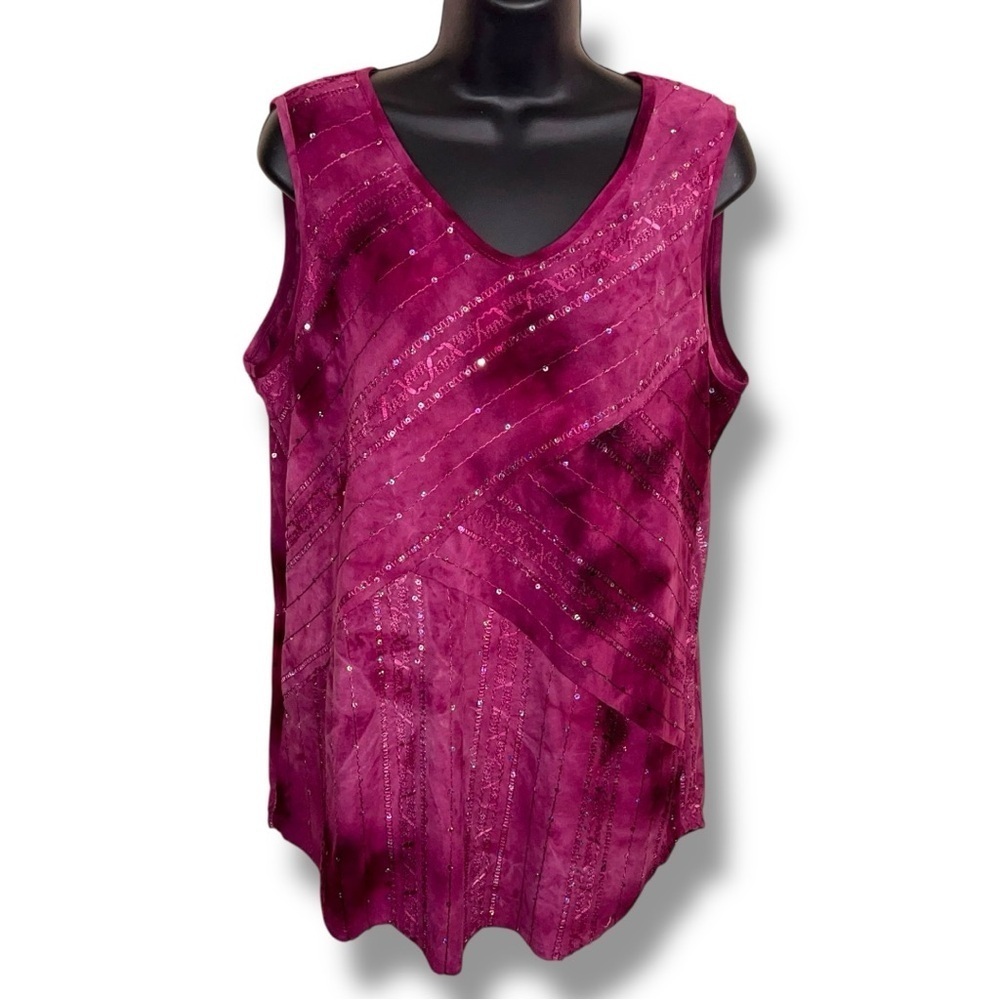 Large Fuchsia Pink Sequin Sleeveless Top Dressbarn Vneck Y2K Style Stretch